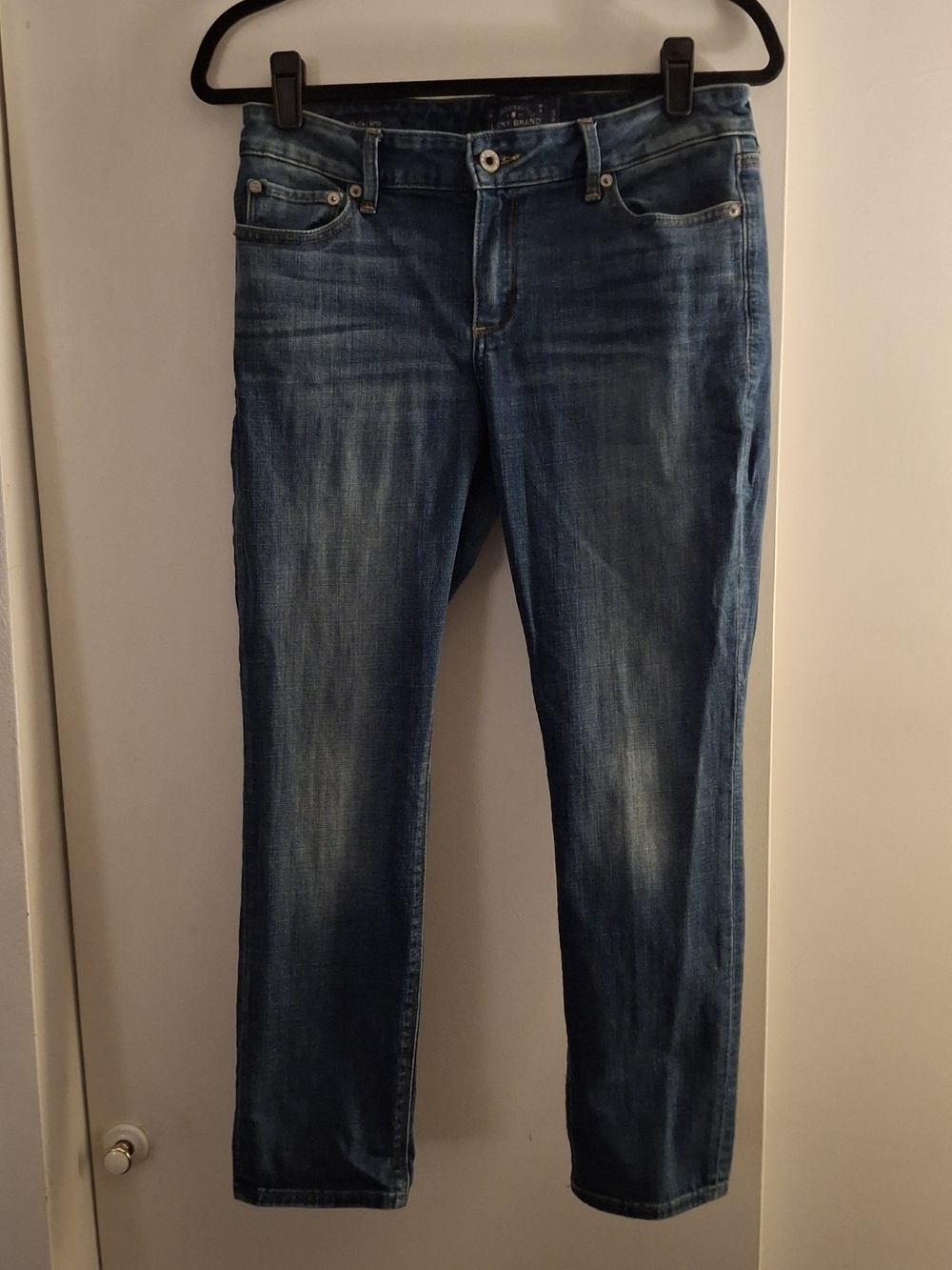Lucky Brand Women's Distressed Dark Blue Denim Jeans with Contrast Stitching